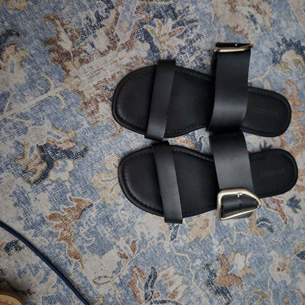 Black Double Strap Sandals with Silver Buckle